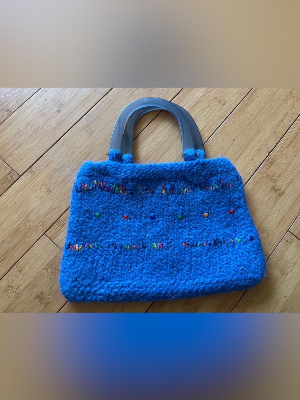Blue Wool Textured Knit Tote Bag with Handles